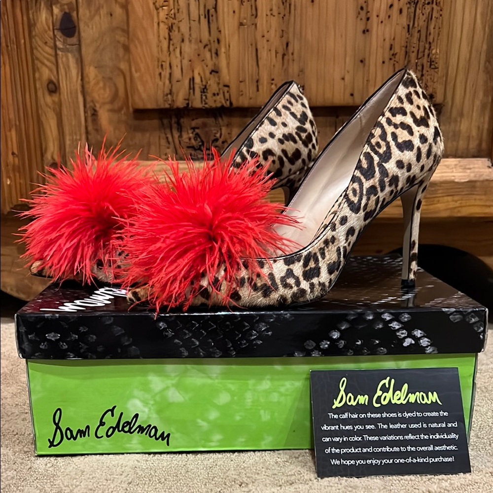 Sam Edelman Haide Leopard Print Calf Skin Heels With Red Feather PomPom Accent